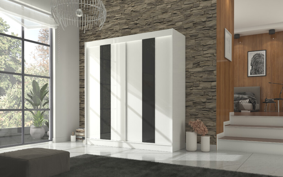 ArtAdrk Šatní skříň KAREN | 200 cm Barva: Černá/bílé pásy - main (3)