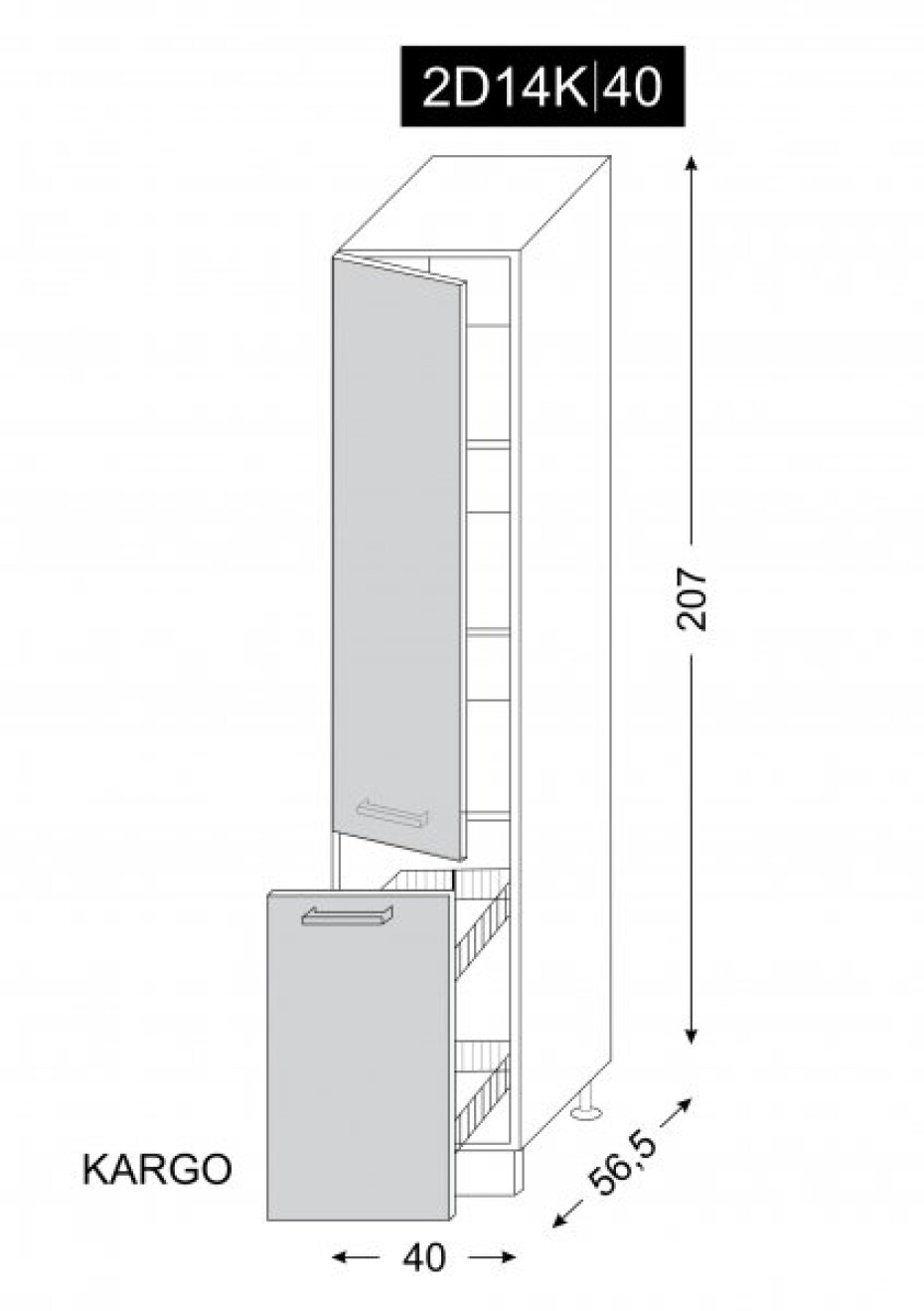 ArtExt Kuchyňská skříňka vysoká MALMO | 2D14K 40 s cargo košem Barva korpusu: Grey - main (21)