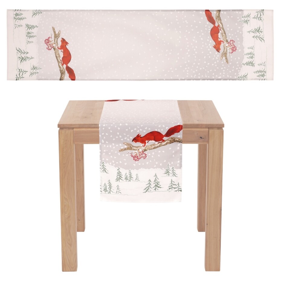 Běhoun s vánočním motivem, zasněžená krajina s veverkou, 40x150 cm,100 % polyester. - main (2)