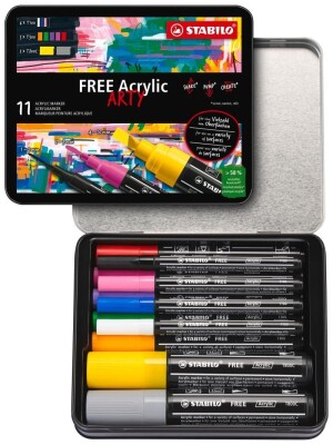 Product detail of Akrylový popisovač STABILO FREE Acrylic - startovací sada 11 ks se 3 různými hroty - mix barev
