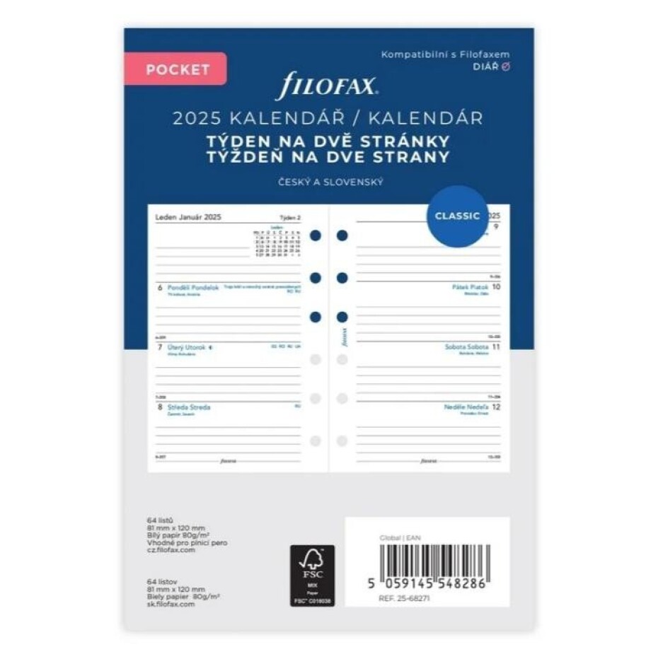 FILOFAX kalendář 2025 kapesní, týden/2 str, linky, ČJ+SJ - main (0)