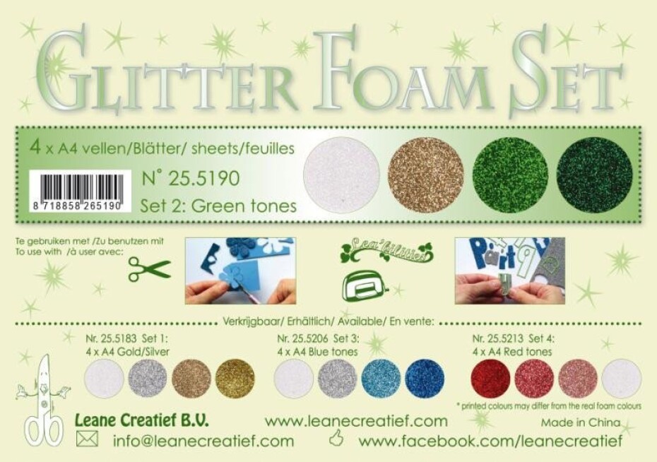 LEANE Speciální pěnová guma na výrobu květin A4 - Glitter zelená, bílá, zlatá 4 ks - main (0)