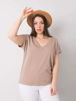 Product detail of Tmavě béžové dámské tričko s výstřihem do V ve velikosti 3XL
