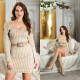 Sexy úpletové šaty se vzorem psích zubů a páskem BEIGE Einheitsgroesse - thumb (5)