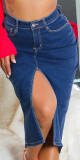 Sexy tmavá džínová midi sukně s vysokým pasem a rozparkem denimblue 38 - thumb (7)