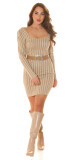 Sexy úpletové šaty se vzorem psích zubů a páskem BEIGE Einheitsgroesse - thumb (6)