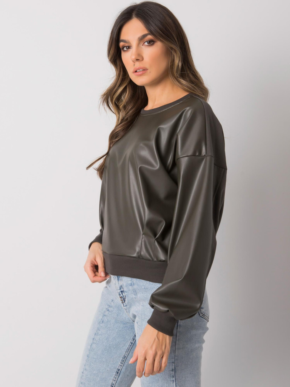 Tmavá khaki mikina s vsadkou z ekokůže Ancora RUE PARIS Velikost: L / XL - main (3)