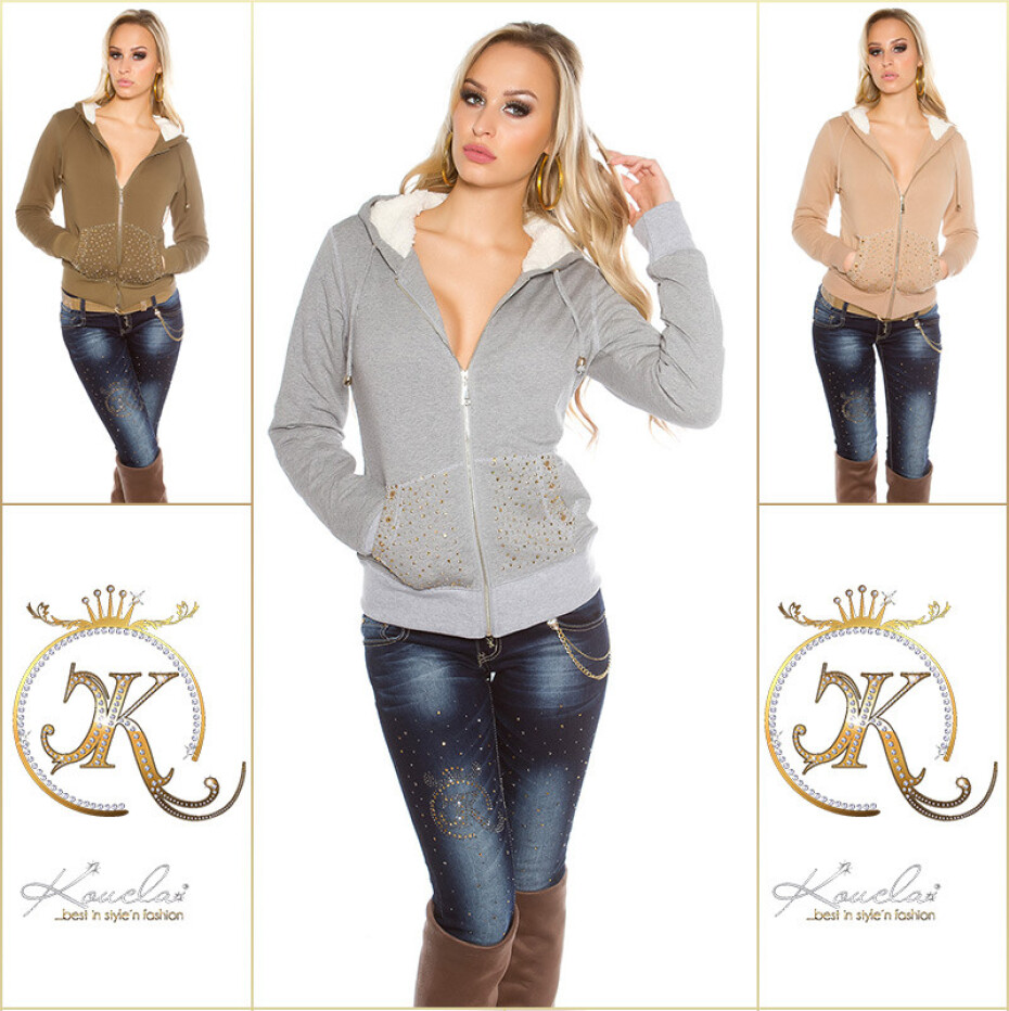 Sexy mikina s cvočky a kožešinou KHAKI S - main (6)