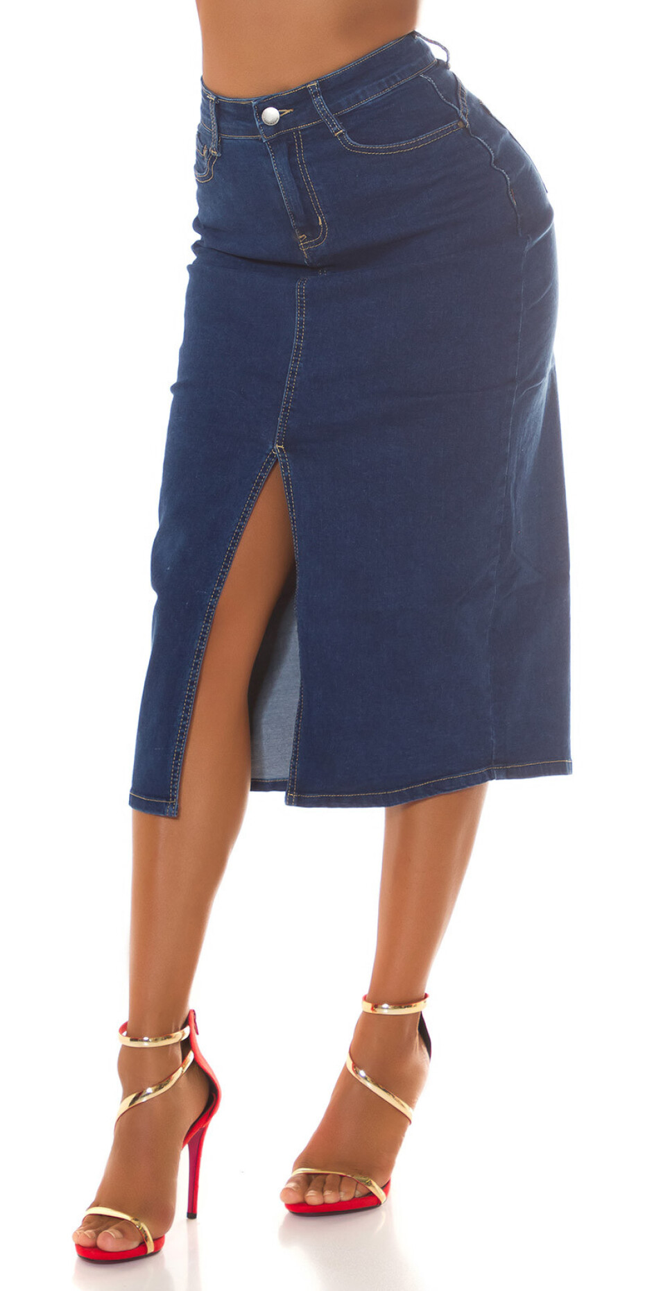 Sexy tmavá džínová midi sukně s vysokým pasem a rozparkem denimblue 38 - main (43)