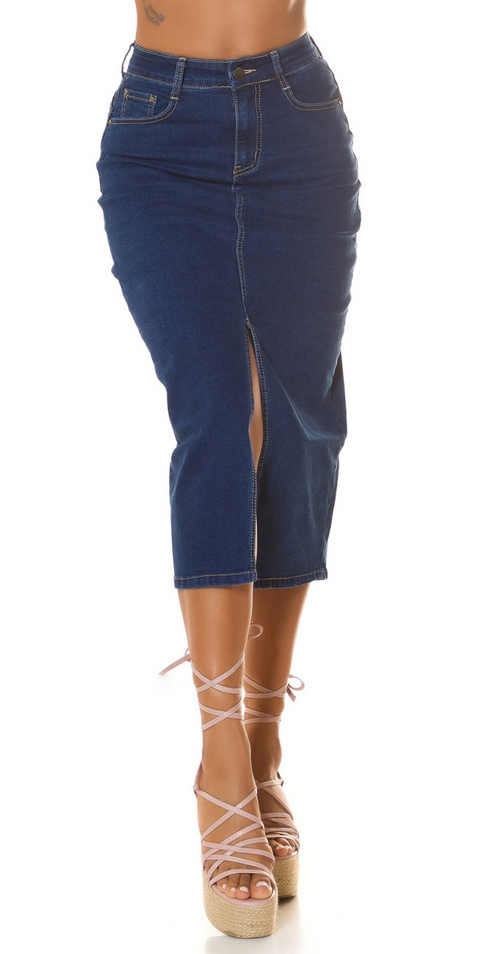 Sexy tmavá džínová midi sukně s vysokým pasem a rozparkem denimblue 38 - main (19)