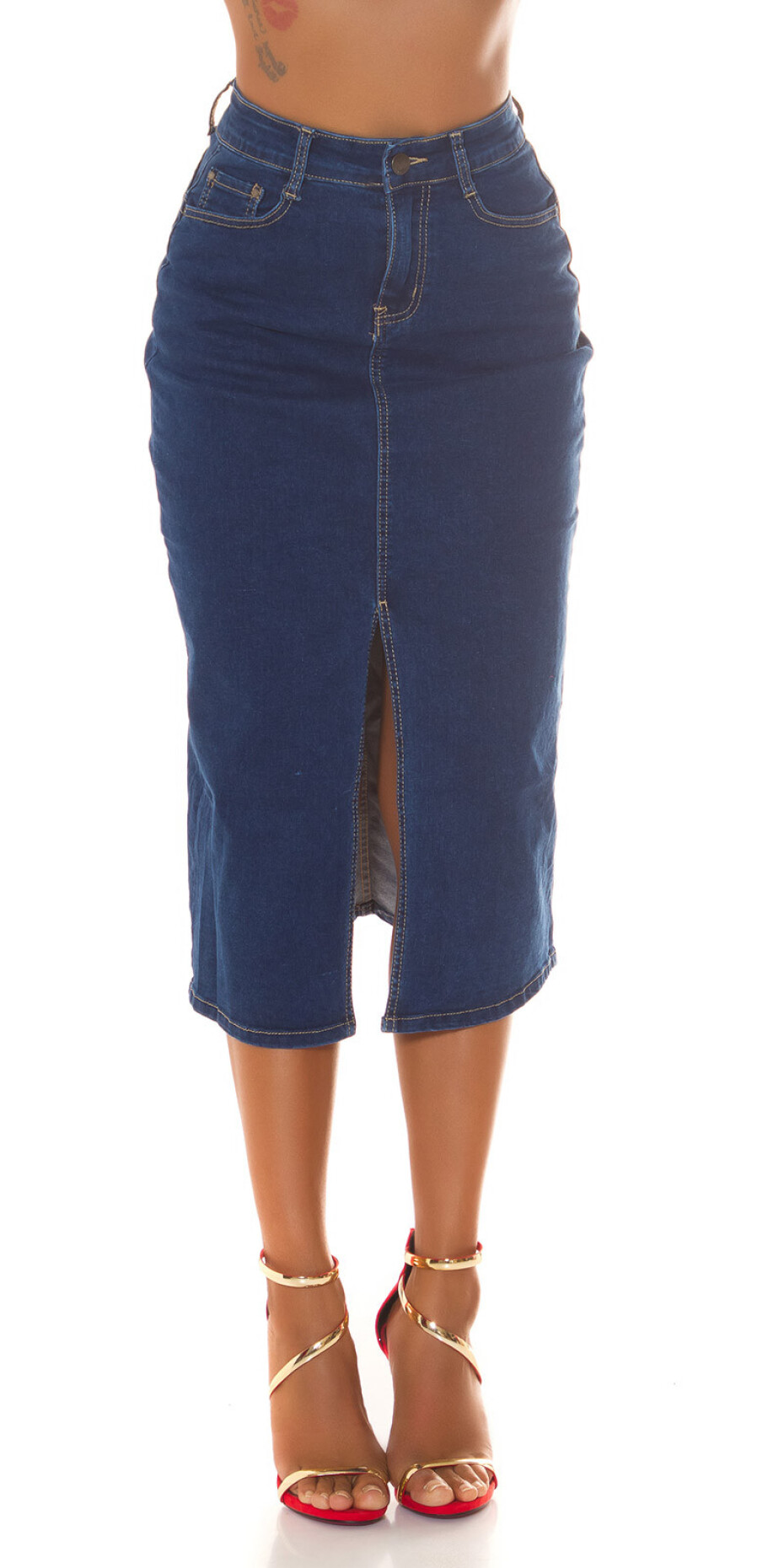 Sexy tmavá džínová midi sukně s vysokým pasem a rozparkem denimblue 38 - main (42)