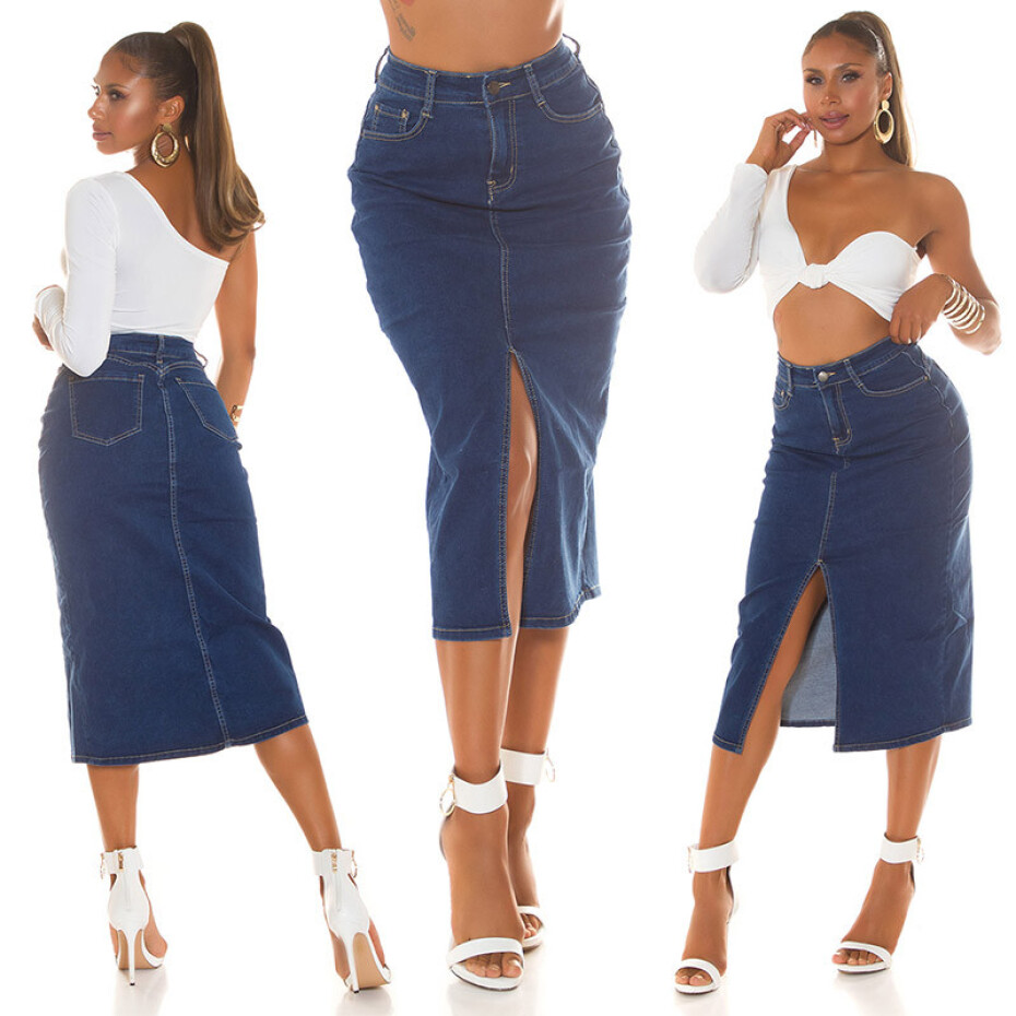 Sexy tmavá džínová midi sukně s vysokým pasem a rozparkem denimblue 38 - main (0)