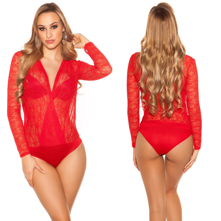Sexy krajkové body s dlouhým rukávem a WOW! Zpět red Einheitsgroesse - main (8)