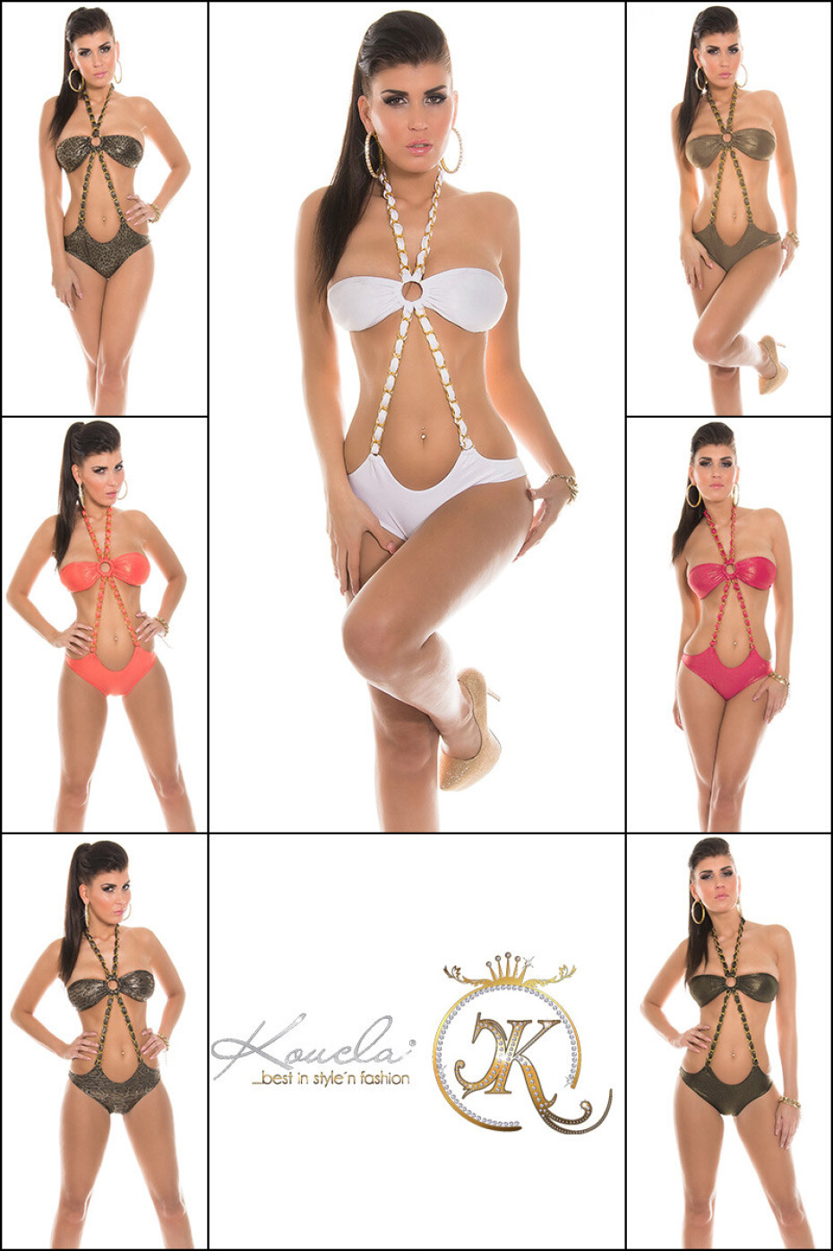 Sexy bandeau monokiny s řetězem a třpytkami TAUPE M - main (4)