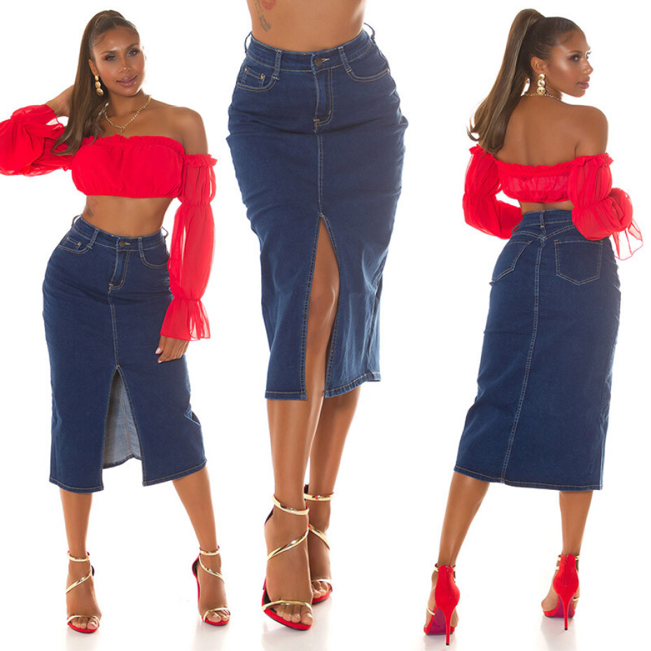 Sexy tmavá džínová midi sukně s vysokým pasem a rozparkem denimblue 38 - main (29)