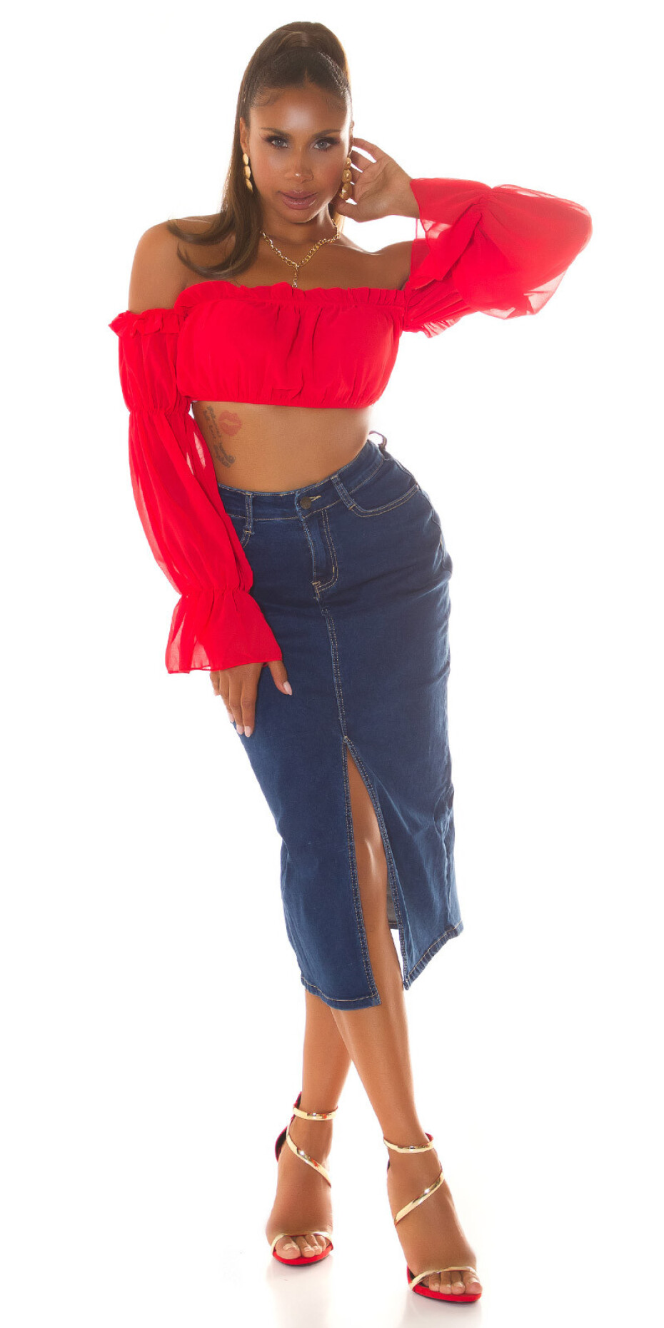 Sexy tmavá džínová midi sukně s vysokým pasem a rozparkem denimblue 38 - main (11)