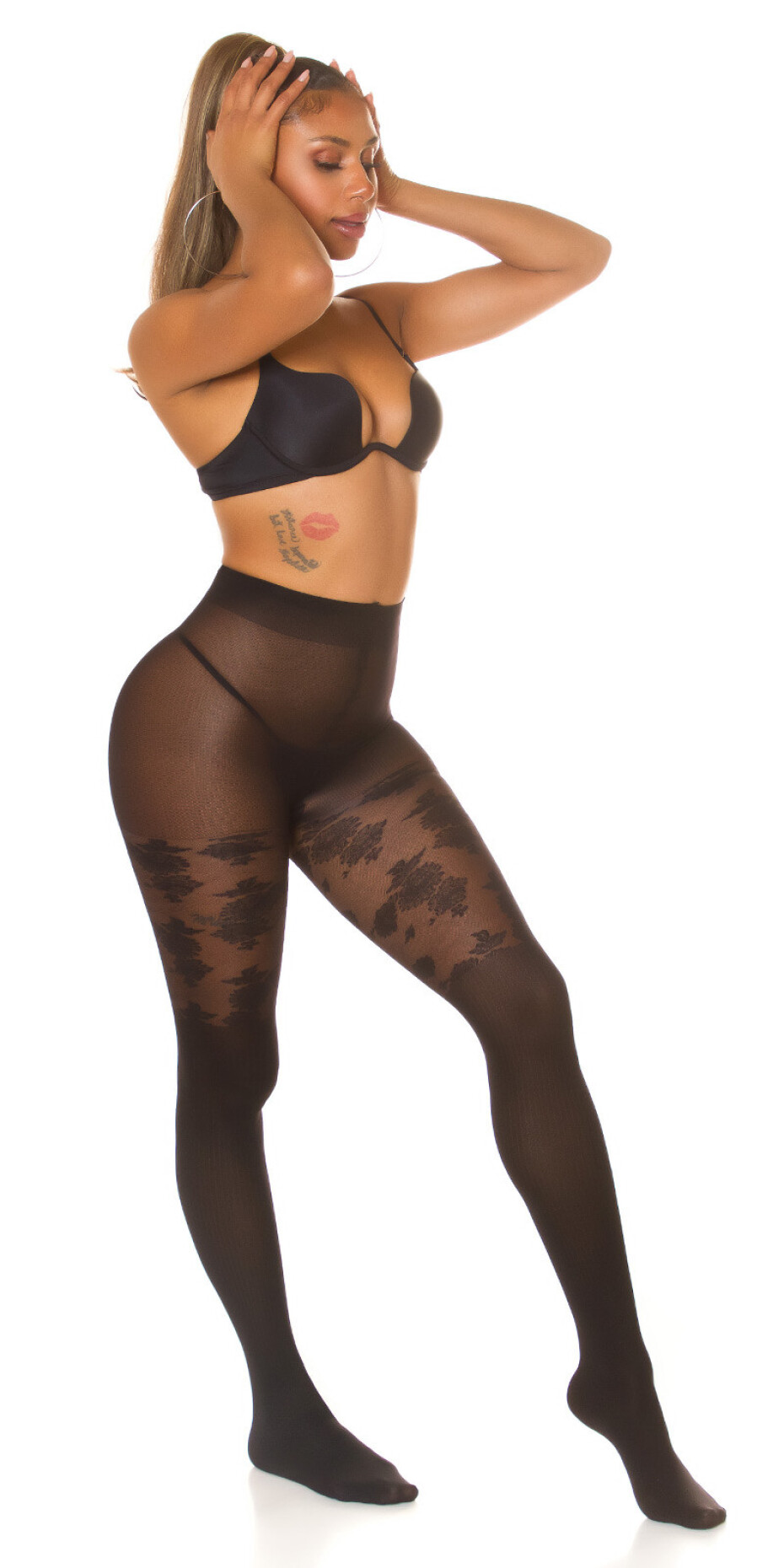 Sexy punčocháče s květinovým potiskem barva black velikost Einheitsgroesse - main (2)
