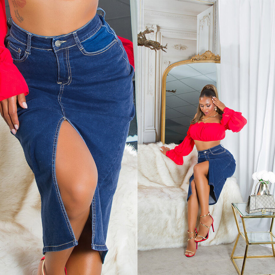 Sexy tmavá džínová midi sukně s vysokým pasem a rozparkem denimblue 38 - main (38)
