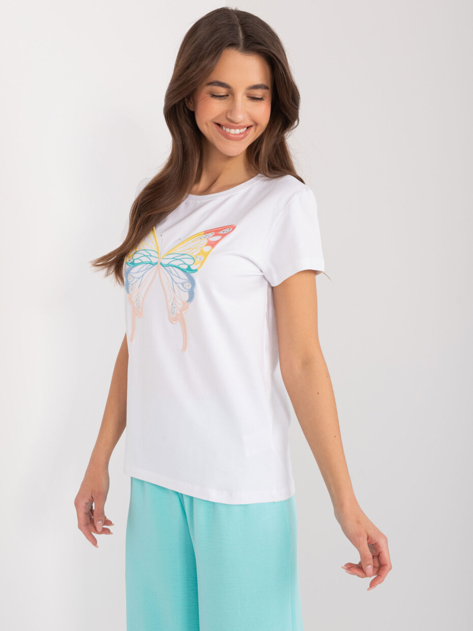 Bílé tričko s nášivkou a kamínky BASIC FEEL GOOD Velikost: S/M - main (1)